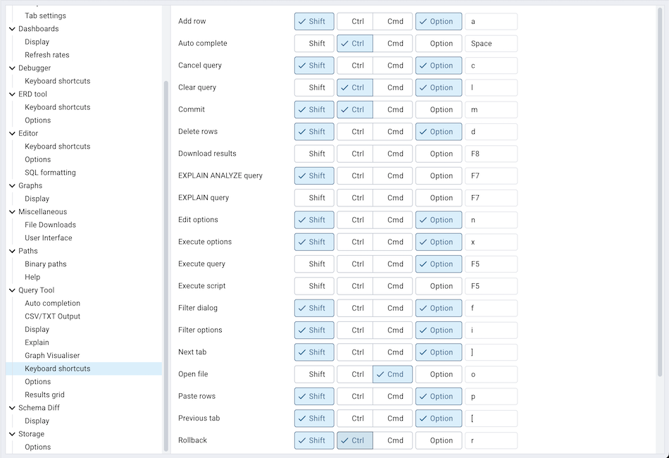 Preferences sql keyboard shortcuts section