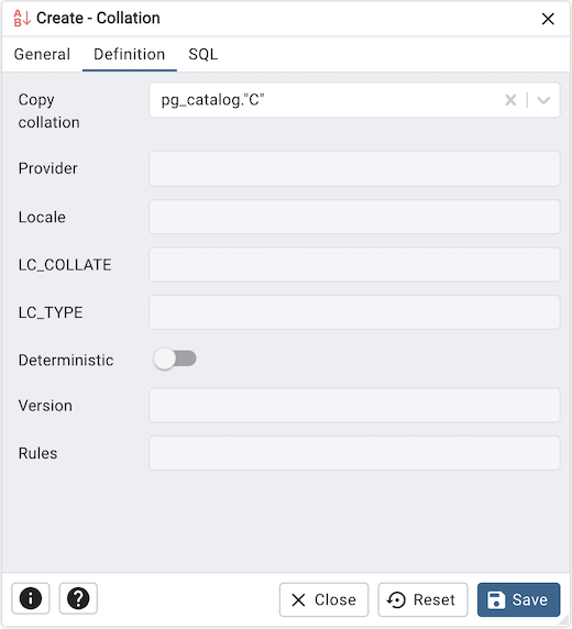 Collation dialog definition tab