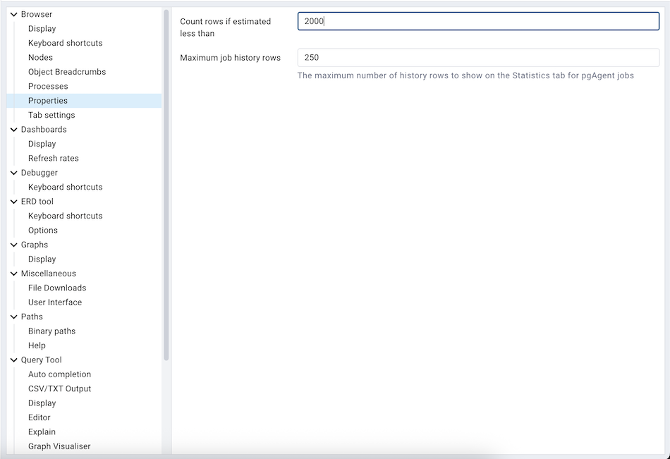 Preferences browser properties section